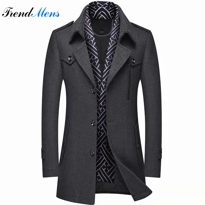 

Winter Men Wool Coats Thicken Fashion Middle Long Scarf Collar Cotton-Padded Thick Warm Woolen Coat Male Trench Coat Overcoat