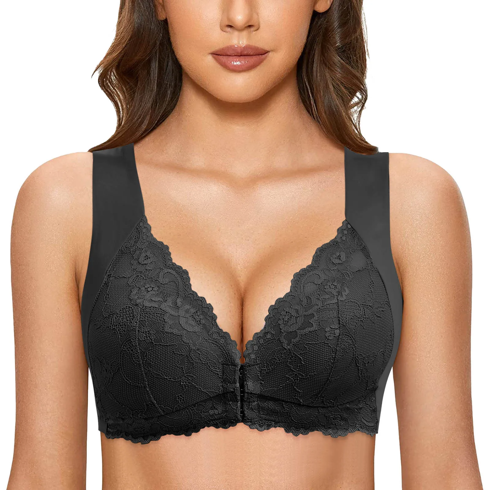 Damen-BH ohne Stahlring vorne geschlossen, Dessous, T-Rücken, nahtloser, ungefütterter BH für große Brüste, niedriger Sport-BH, Spitzen-BH in