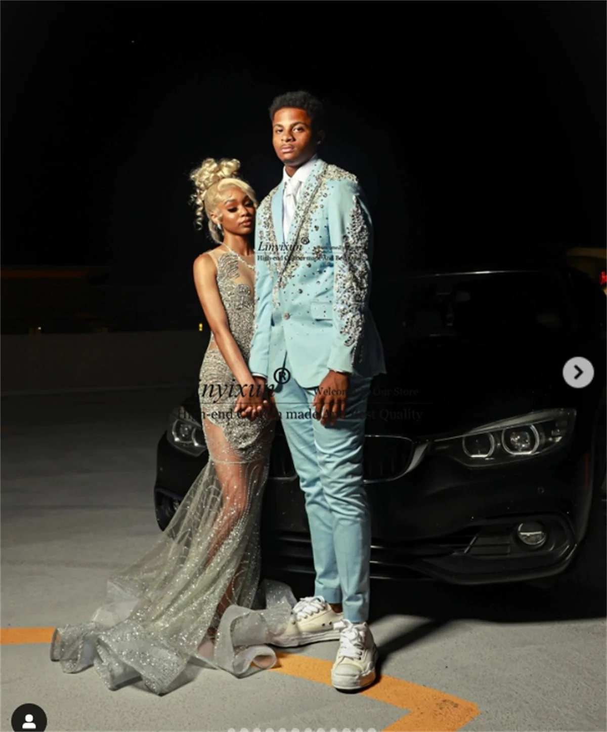 Sparkly Metal Embellished Beaded Men Suit Customized Notched Lapel Groom Tuxedos 2 Piece Sets Male Blazers Slim Fit Costume Homm