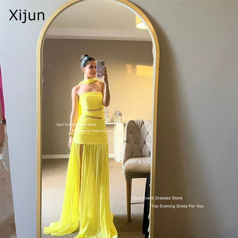 

Xijun Yellow Chiffon Evening Dresses Cut Out Long Prom Dresses Side Slit Saudi Arabric Formal Sleeveless Prom Gowns Party Gowns