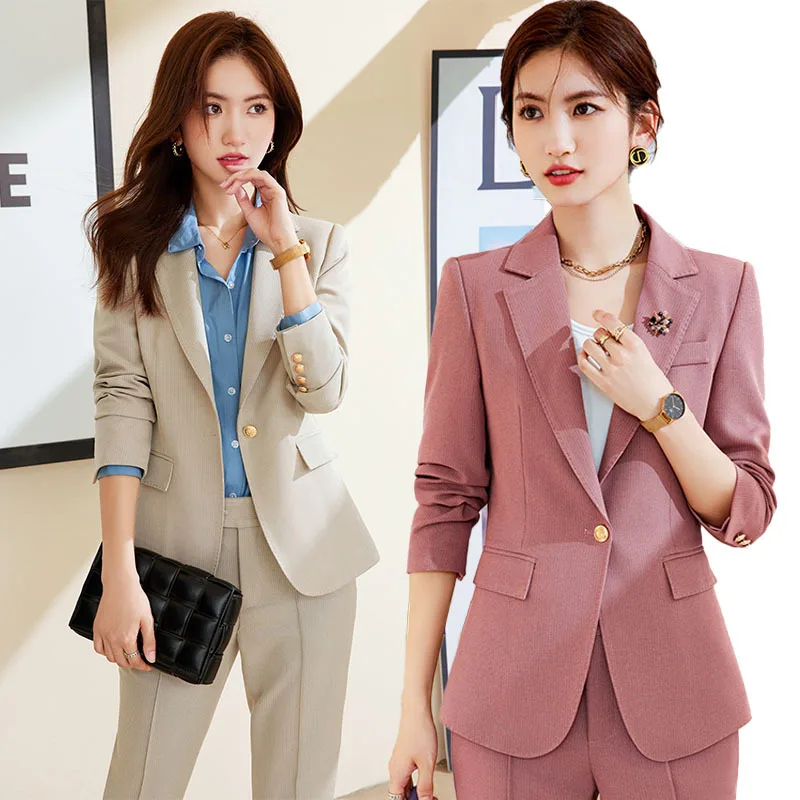 

Long Sleeve Fashion Solid Color Slim-Fit Pink Business Suit Fabric Socialite Work Uniforms Beautician Women's Pants Suit