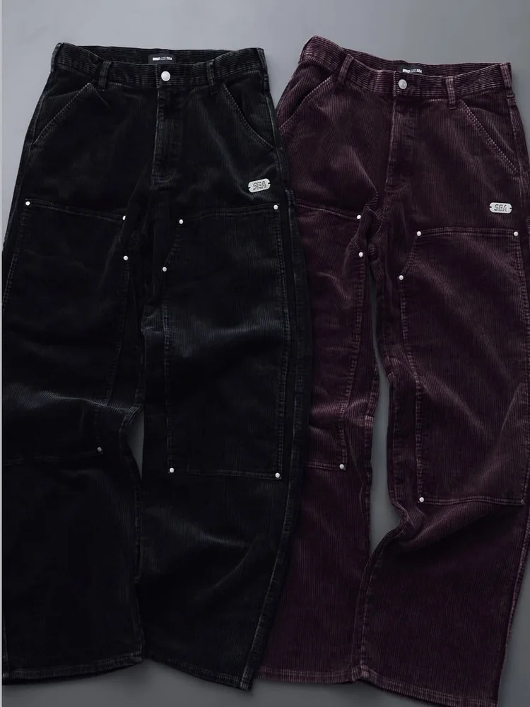 

Retro Washed Cotton Corduroy Workwear Pants with Rivet Decorative Knee Lighting Loose Fit Straight Leg Casual Trousers