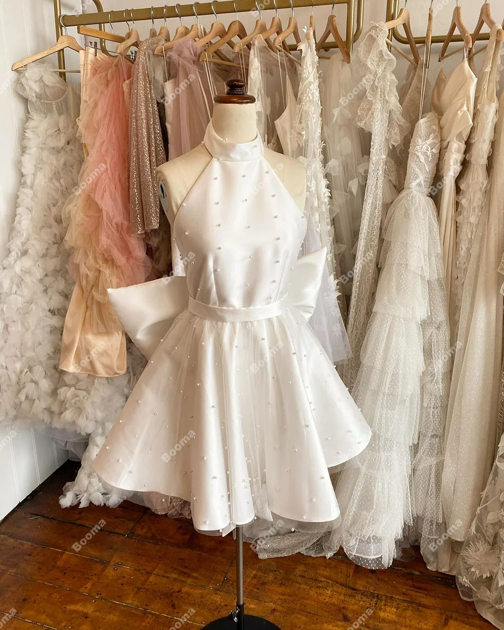 Booma-Mini Robe de Soirée de Mariage avec Perles, Tenue de Cocktail, à Col Licou, A-ligne, pour les Patients