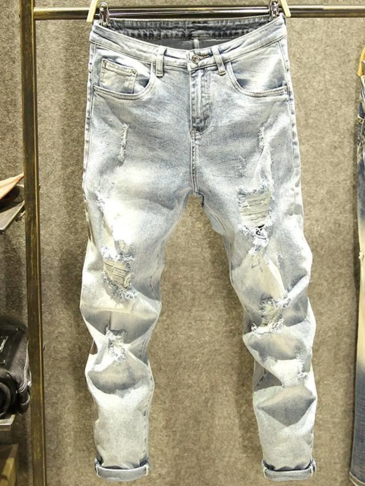 

Мужские джинсы свободного кроя с эффектом потертости, эластичные, молодежный стиль, повседневная одежда, всесезонные, трендовые, брендовые, весна-лето