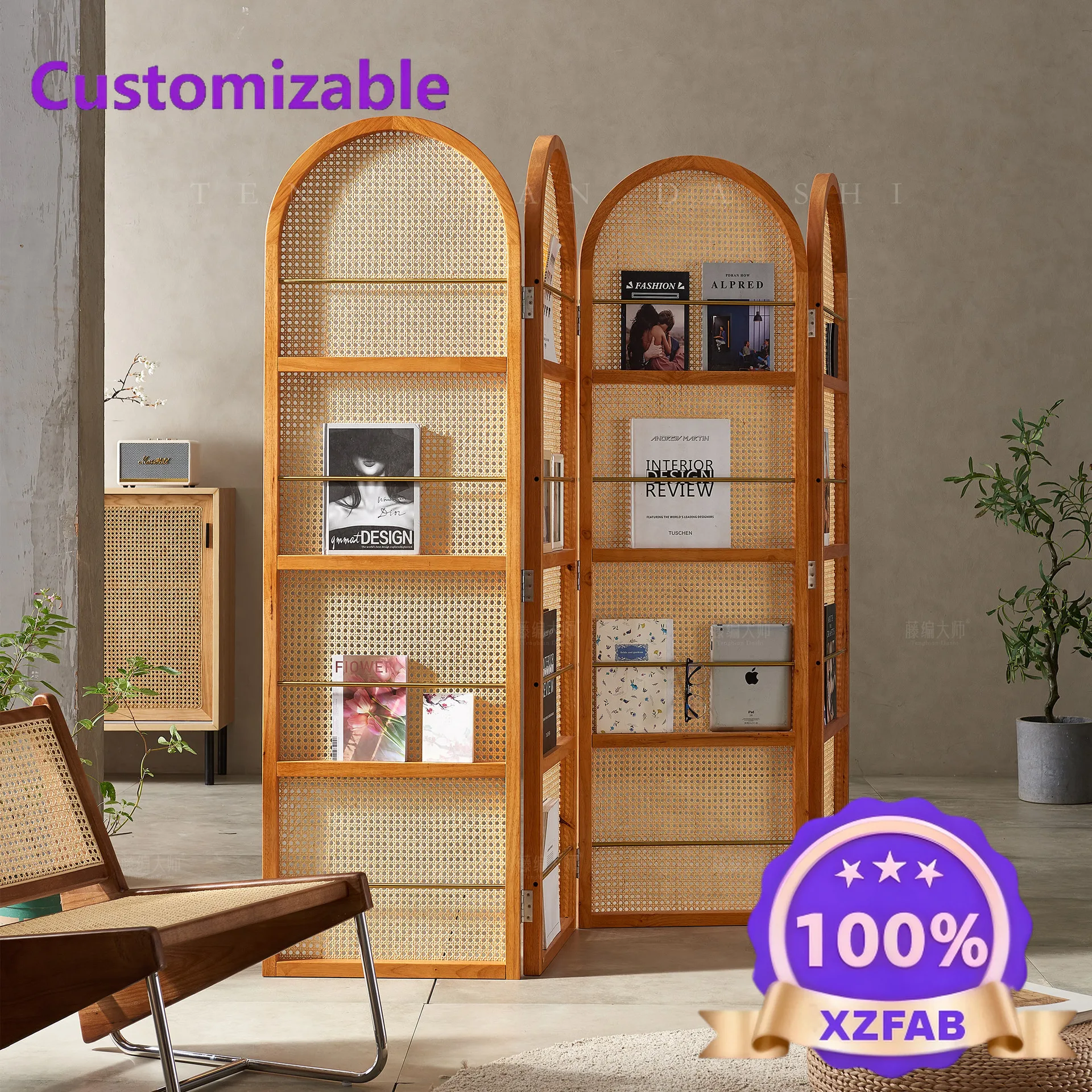 Factory Direct 2026 Solid wood rattan screen partition wall retro literary magazine bookshelf blocking small apartment living ro