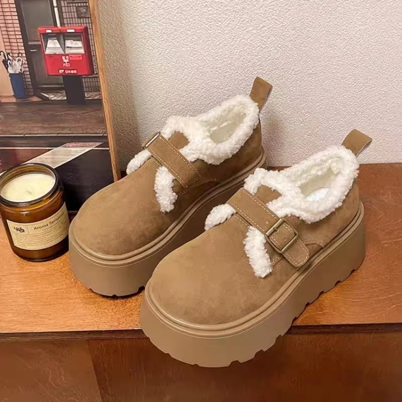 Winter new muffin warm thick sole height-increasing plush women's retro one-pedal Lofu casual comfortable cotton shoes 2025