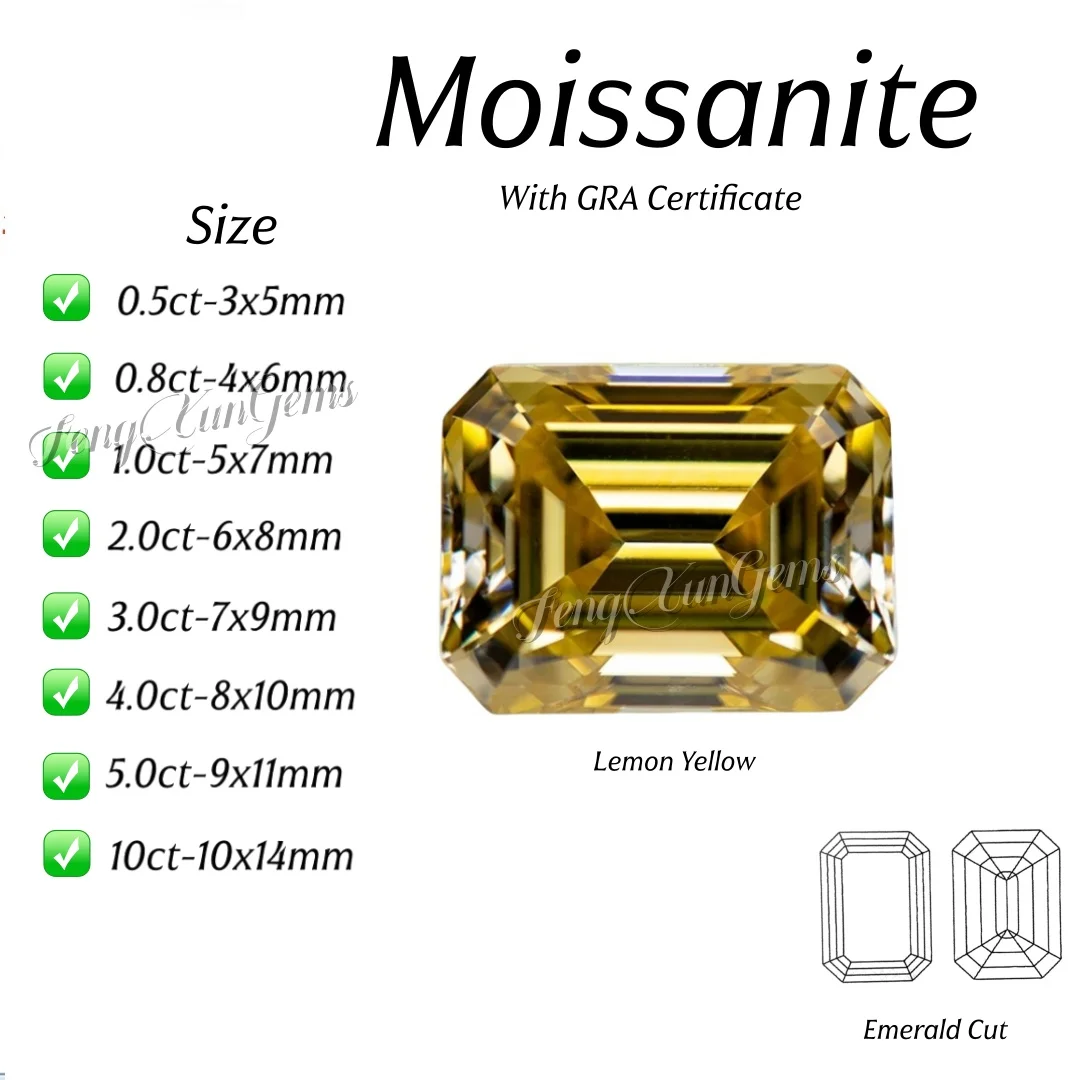 Lemon Yellow Loose Moissanite Gemstones Emerald Cut Excellent Cut 0.5~10ct With GRA Certificate  Clarity vvs1 For Jewelry Inlay