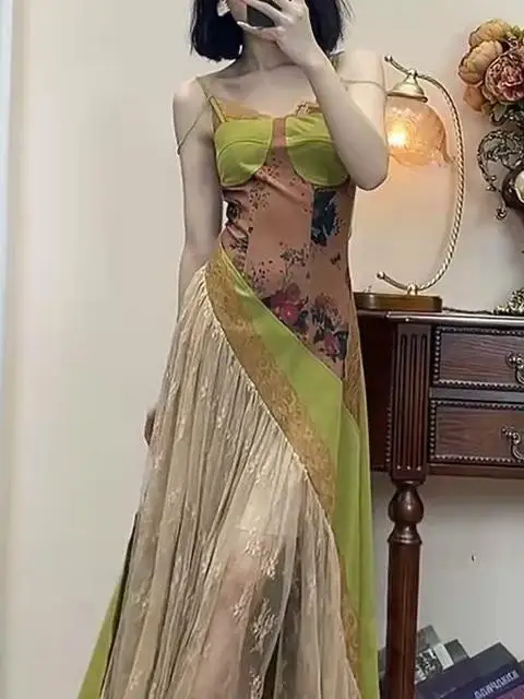 กระโปรงยาวทรงวินเทจผ้าชีฟองลายดอกไม้ย้อนยุคแต่งผ้าลูกไม้ช่วงเอวทรงเข้ารูป กระโปรงผ้าฝ้ายเอวสูงสำหรับฤดูร้อน