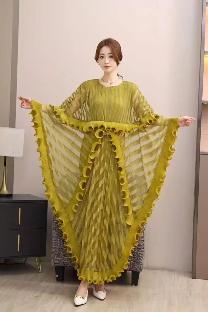 2025 Summer French Women's Clothing Fungus Edge Mesh Fake Two Irregular Design Pleated Long Dress Versatile