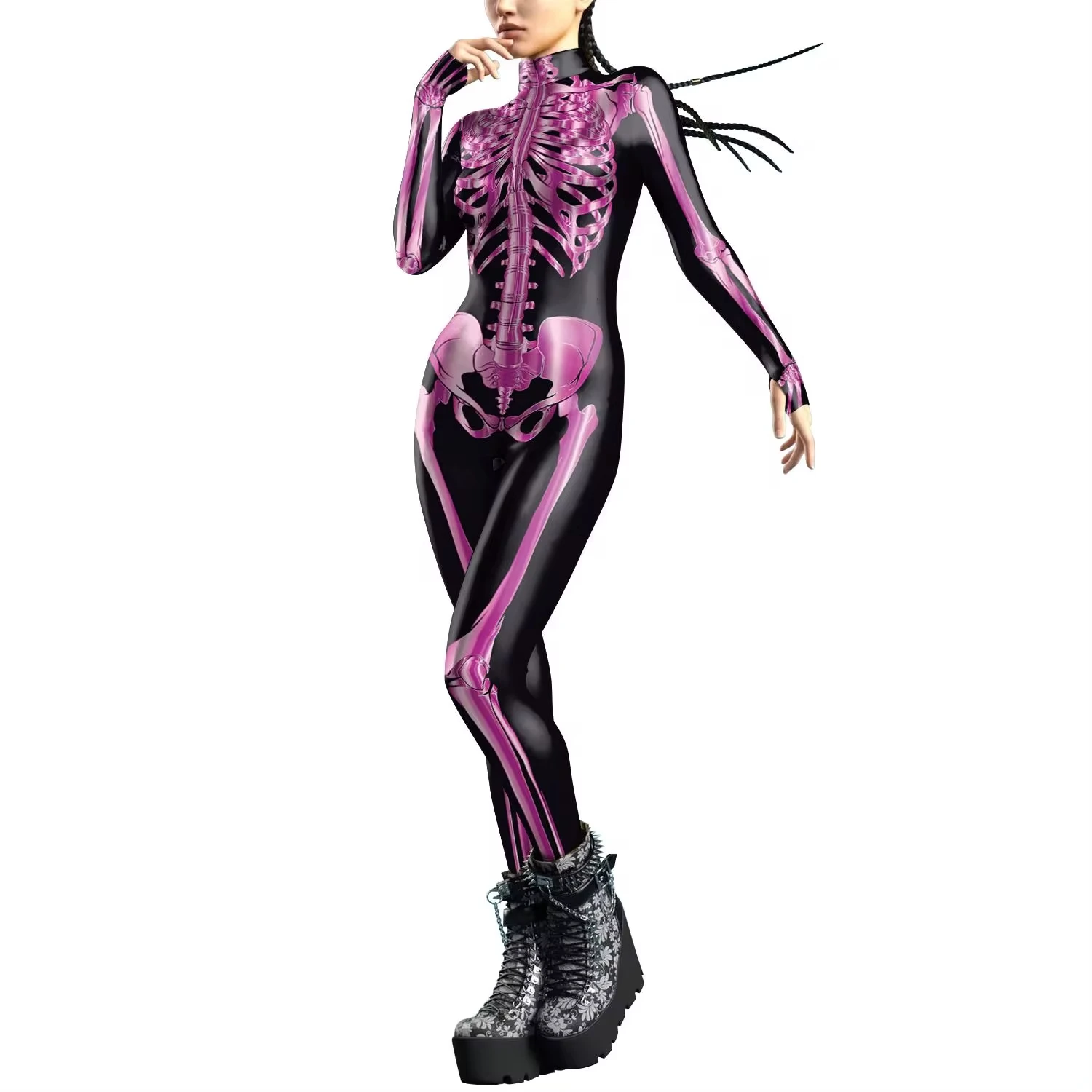 Disfraz de esqueleto con cremallera frontal para mujer, bodys Zentai de Halloween, traje de espectáculo de fiesta aterrador, mono de Cosplay con diseño de pulgar, 2024