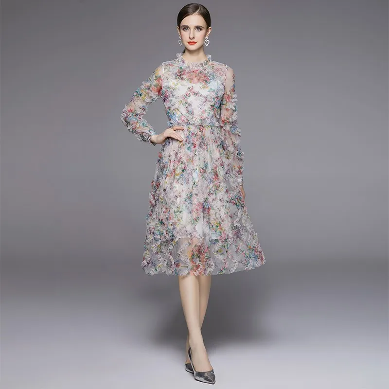 

Temperament chiffon mesh gauze Tsui flower cake dress