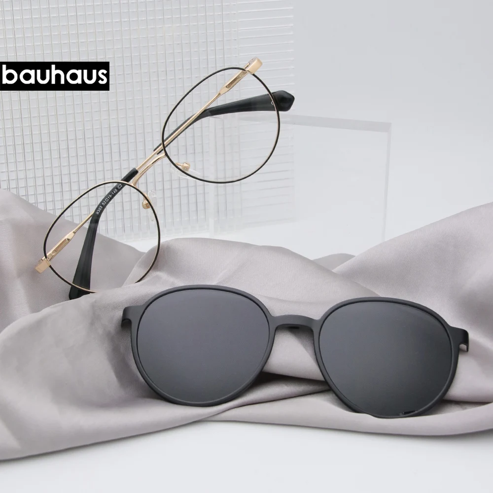 X303 Bauhaus Latest Fashion Trendy Stainless Steel Metal Round Optical Eyewear with Magnetic Polarized Clip on Sunglasses