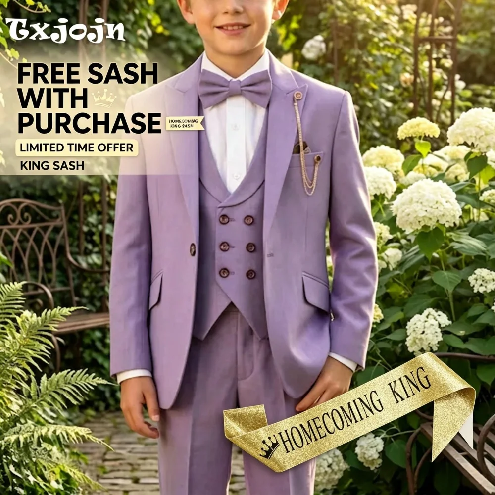 Formal Suit for Boys Homecoming Tuxedo 3 Piece Purple Jacket Pants Vest Kids Wedding Blazer Set Slim Fit Tailored Outfit