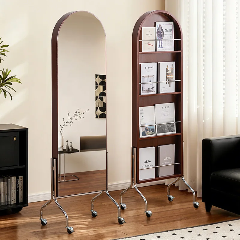 Solid wood dressing, fitting, full-body mirror, household mobile bedroom, rotating storage magazine rack, retro floor mirror