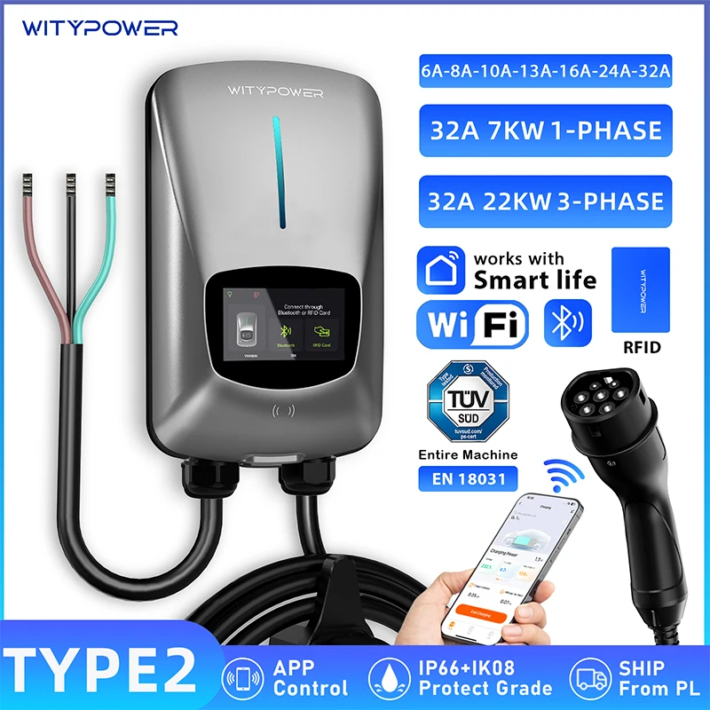 Station de recharge pour véhicules électriques Witypower Type 2 3 phases 11 kW 22 kW avec contrôle par application, chargeur de voiture électrique, prise CEE, borne de recharge murale 1 phase 7 kW