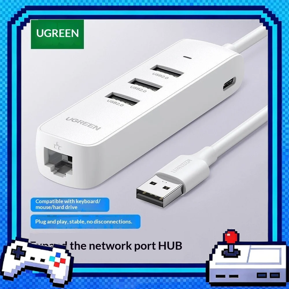 UGREEN 20983 CM416 USB 2.0 Hub with 3 USB Ports 100Mbps Ethernet RJ45 USB-C Auxiliary Power Input White