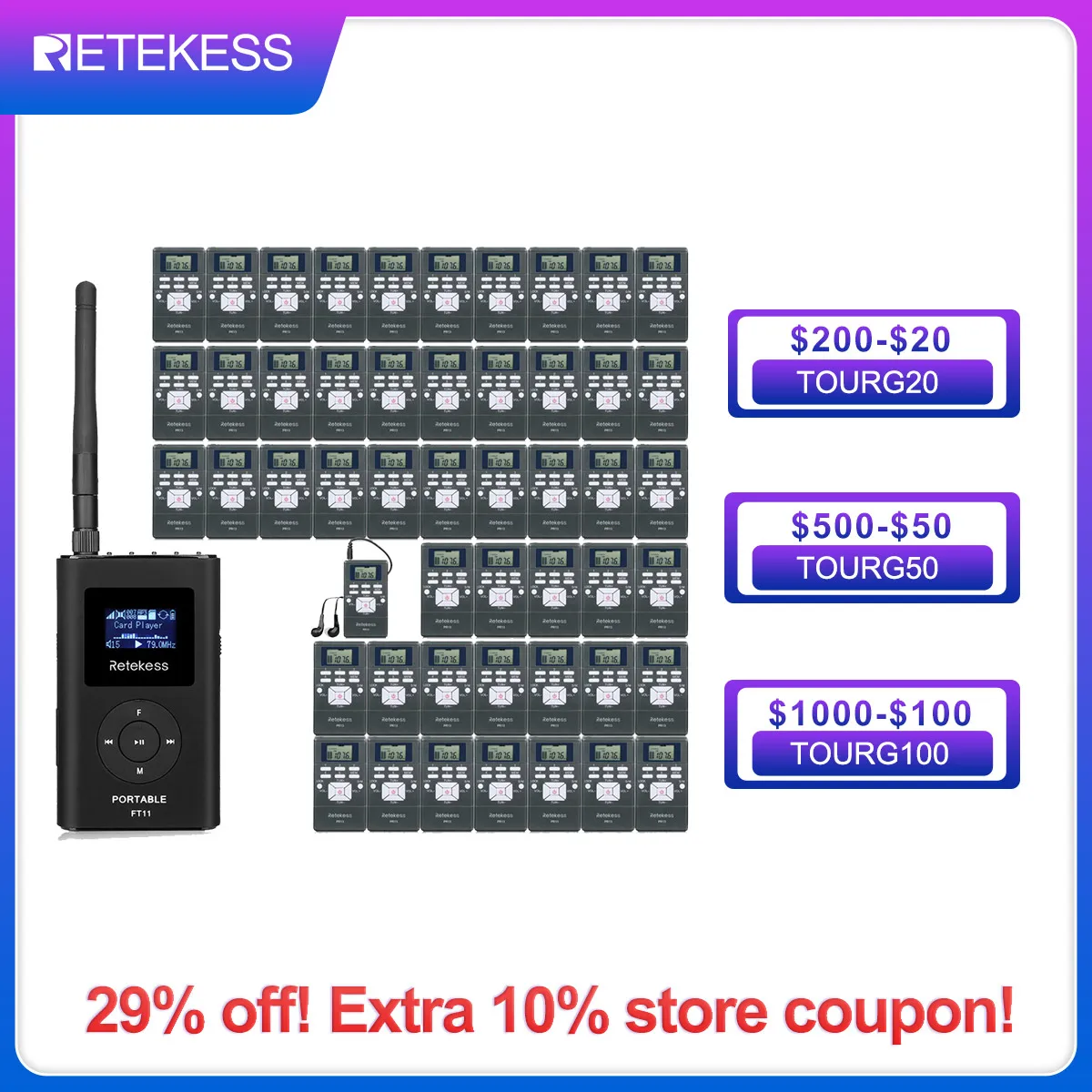 Retekess Wireless Tour Guide Audio System FT11 FM Transmitter PR13 FM Radio Receiver Tour Guide Conference Church Hajj Training