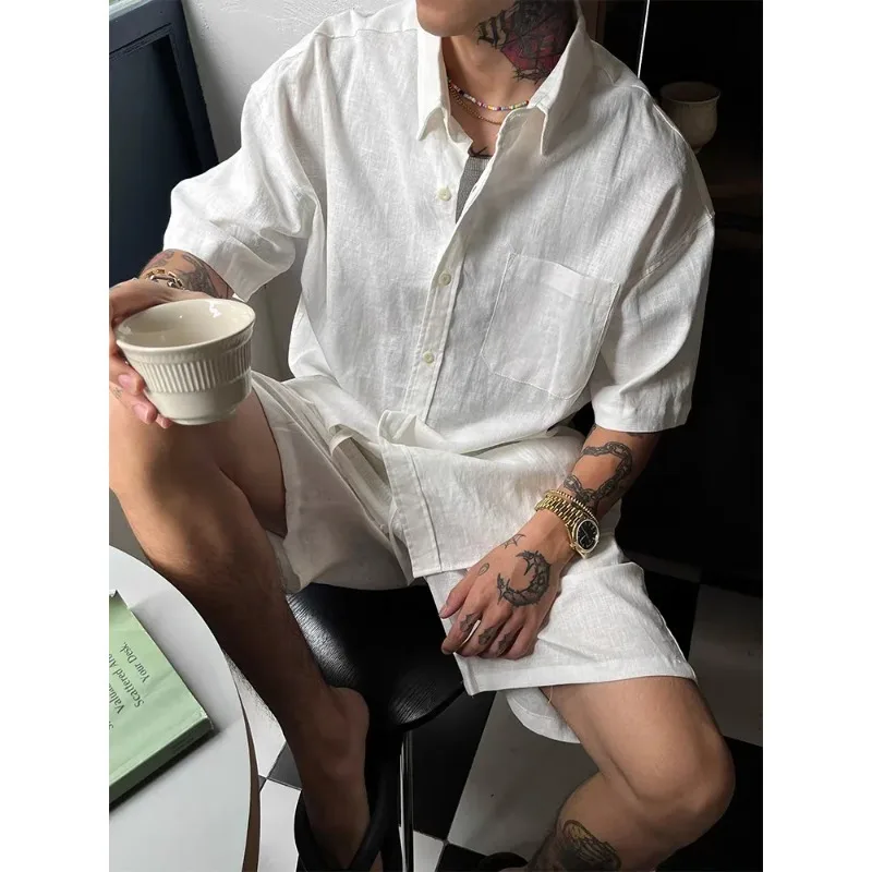 

American Sle Cotton Linen Casual Sports Set Loose Workwear ort Sve irt Linen Breathable Five-Quarter orts Two-Piec