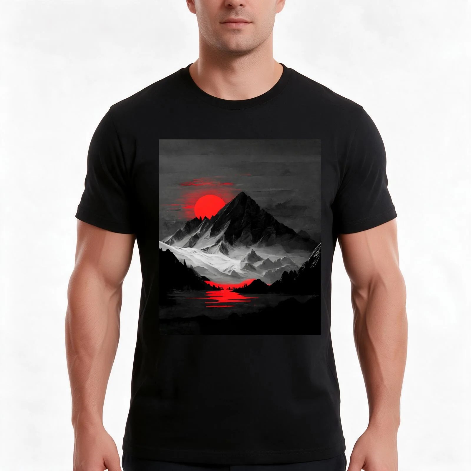 Dark mountain range in black and white with red accents T-Shirt, Summer Casual Cotton Tee, Oversized Streetwear Tops