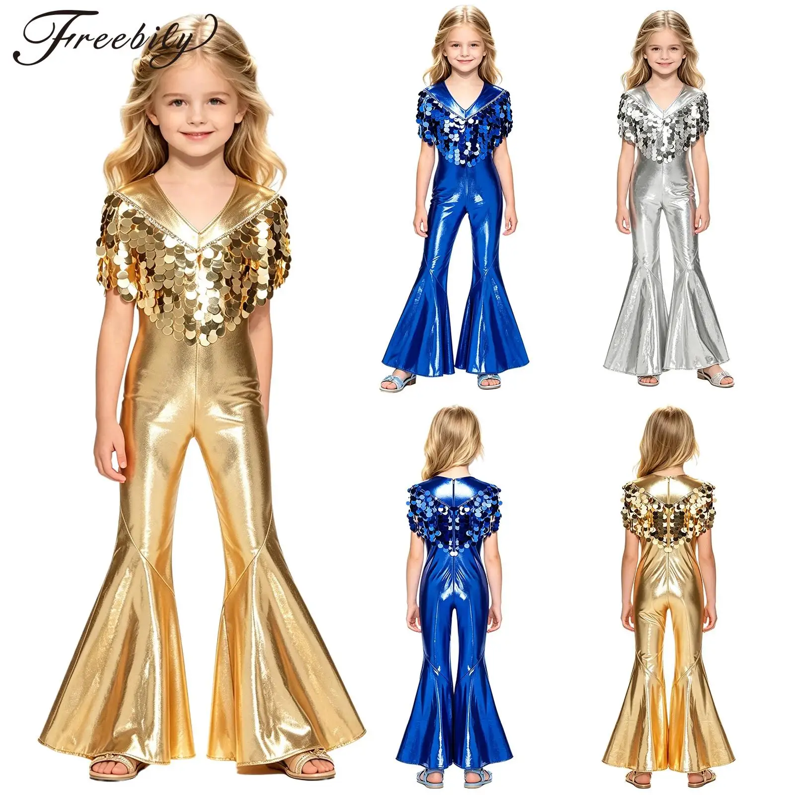 Kids Girls Disco Jazz Dance Unitards Shiny Metallic Sequin Tassel Jumpsuit Sleeveless Bell Bottom Flared Rompers