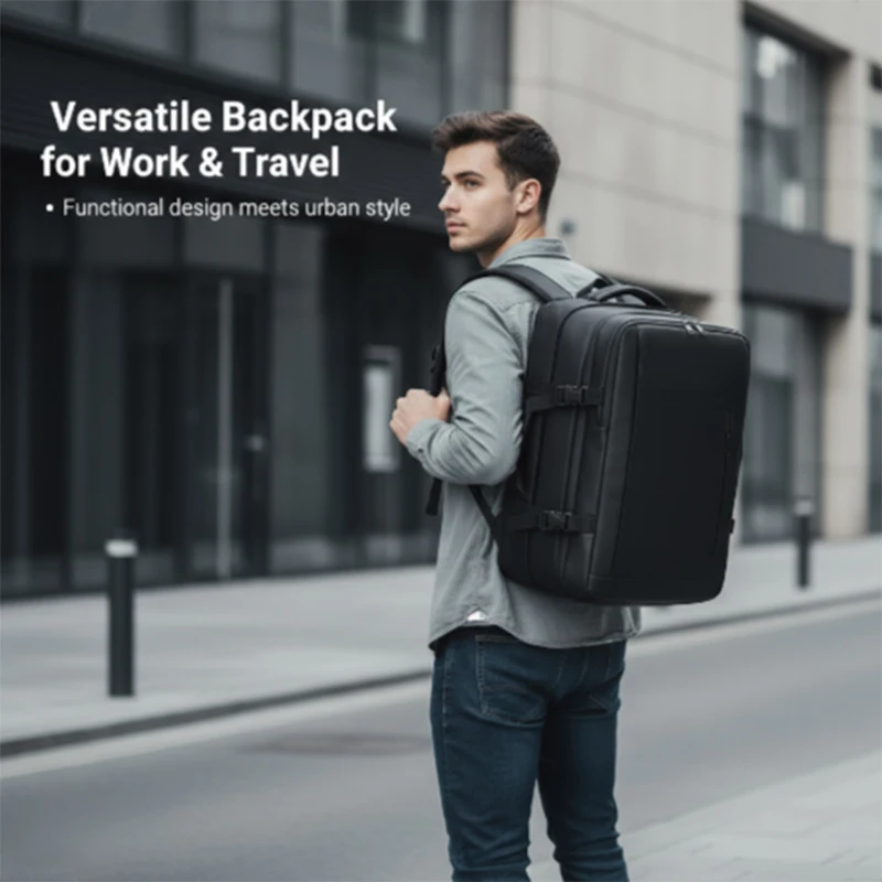 حقيبة ظهر سوداء للسفر مفرغة للرجال ذات إحساس متقدم متعدد الوظائف حقيبة كمبيوتر حقيبة ضغط مفرغة حقيبة ظهر للأعمال #3