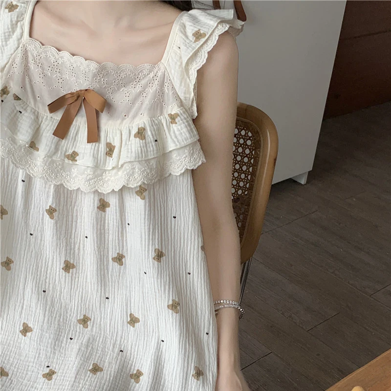 Cartoon Bear Summer Nightgown Women Square Collar Lace Ruffles Long Sleepwear Cotton Night Wear Sleeveless Kawaii Soft Korean