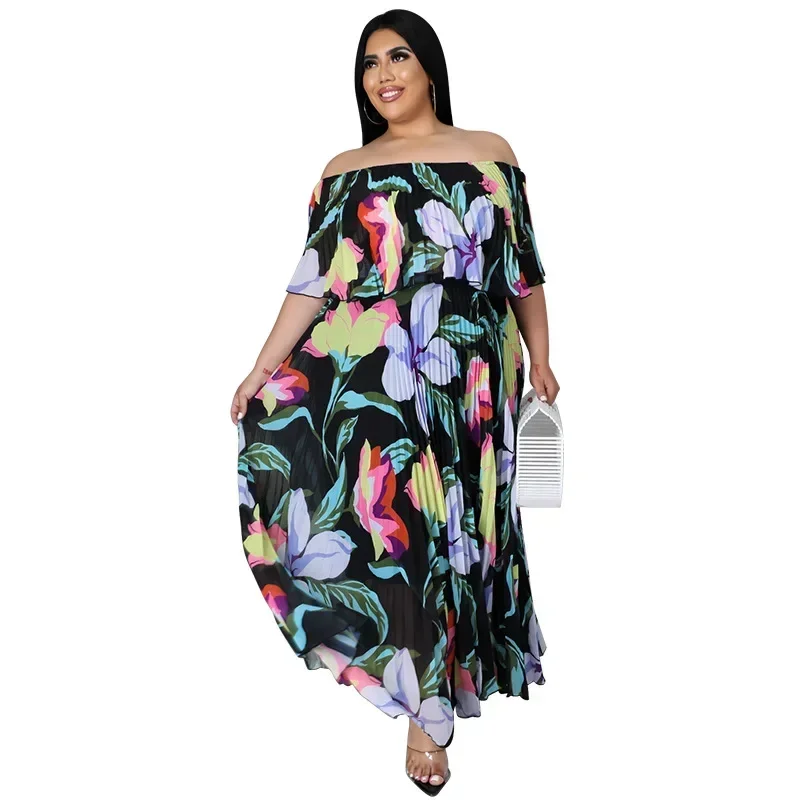 

European and American plus size women's clothing, summer one collar printed large swing pleated dress, chubby MM, women's dress