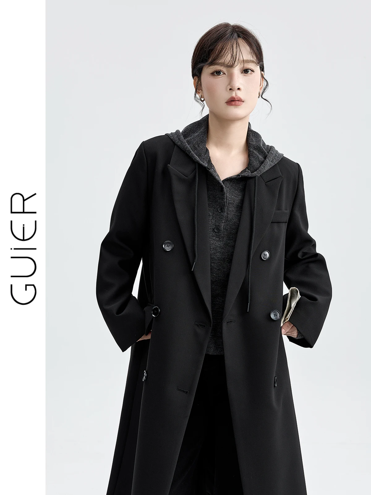 

Guier Long Suit Jaet Women's Bla Coat Casual Sle Double Breasted Regular Sve Length Mid-Length Loose Fit Autumn New ...