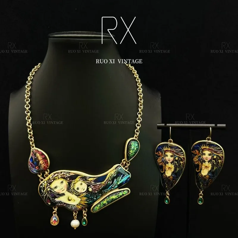 Vintage Carved Jewelry Set, Classical Palace Oil Painting Style 3D Sculpted Necklace & Ethnic Retro Earrings For Women