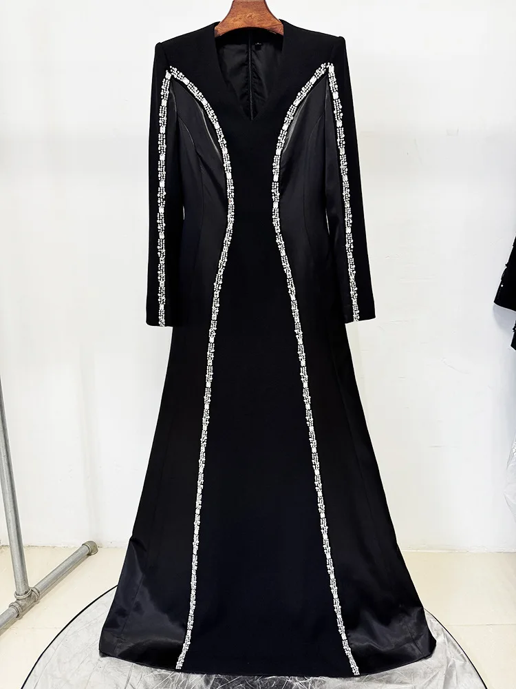 TOP QUALITY Black Long Sleeve Patchwork Evening Gown Elegant Rhinestone Beaded V-Neck Formal Dress for Women Banquet Party