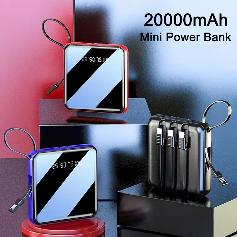 

20000mAh Mini Power Bank Built in Cable Portable Charger Powerbank for iPhone 14 13 12 X Samsung S23 S22 Huawei Xiaomi Poverbank