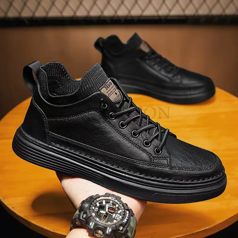 Men Vulcanized Shoes New Style Genuine Leather Casual Spring Fashion Comfortable Thick Soled Vulcanized Tennis Shoes for Men