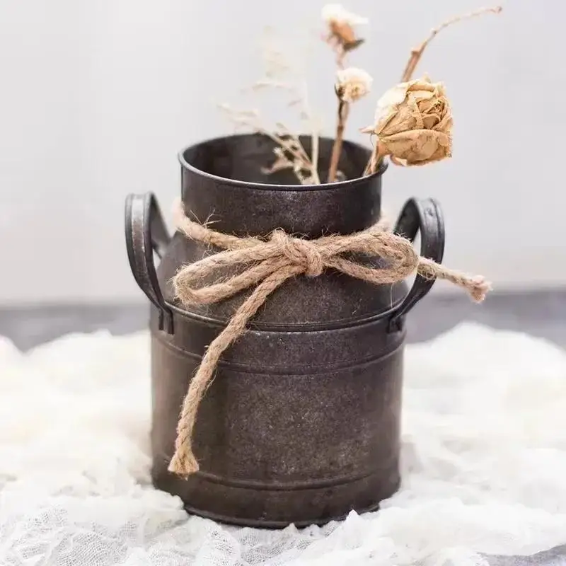 Retro Tin Flower Bucket European Milk Jug Plant Pot Vase Vintage Farmhouse Garden Home Decor Ornament Furnishing Display Prop