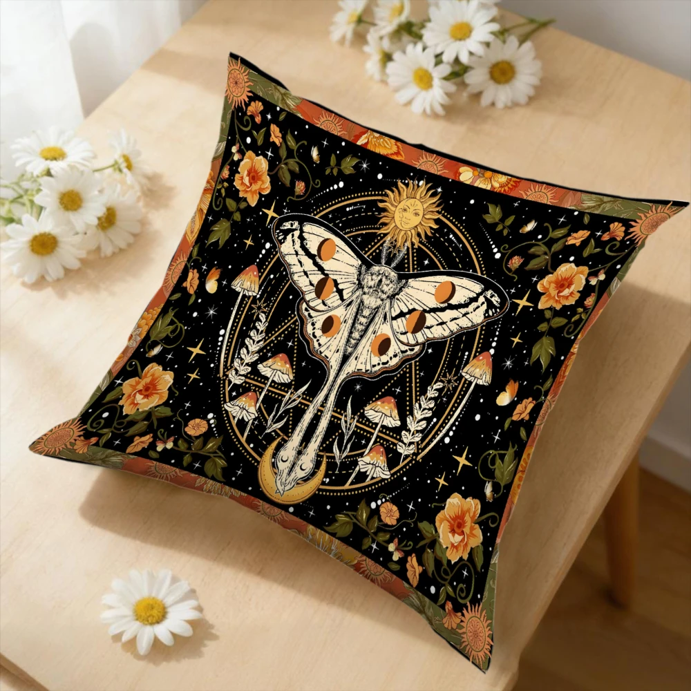 1Pc Vintage Moth Cushion Cover Black Floral Moon Print Pillowcase For Sofa Bed Decorative Home Living Room Soft Square Case