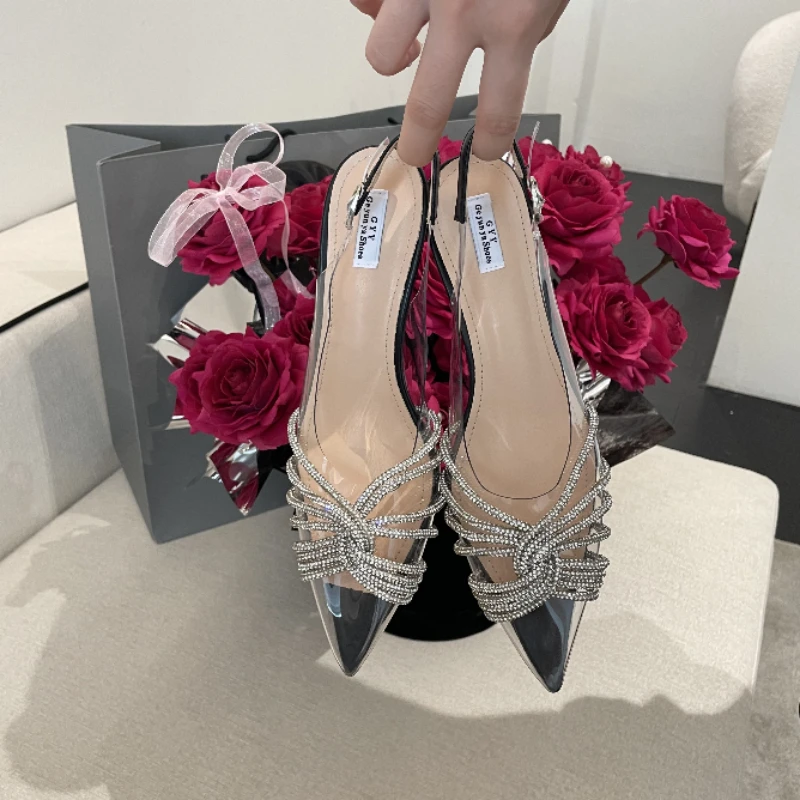 2023 New Pointed-toe Rhinestone Women's Sandals Women's Transparent Thin High-top Wedding Shoes Women Sexy PU Buckle High Heels