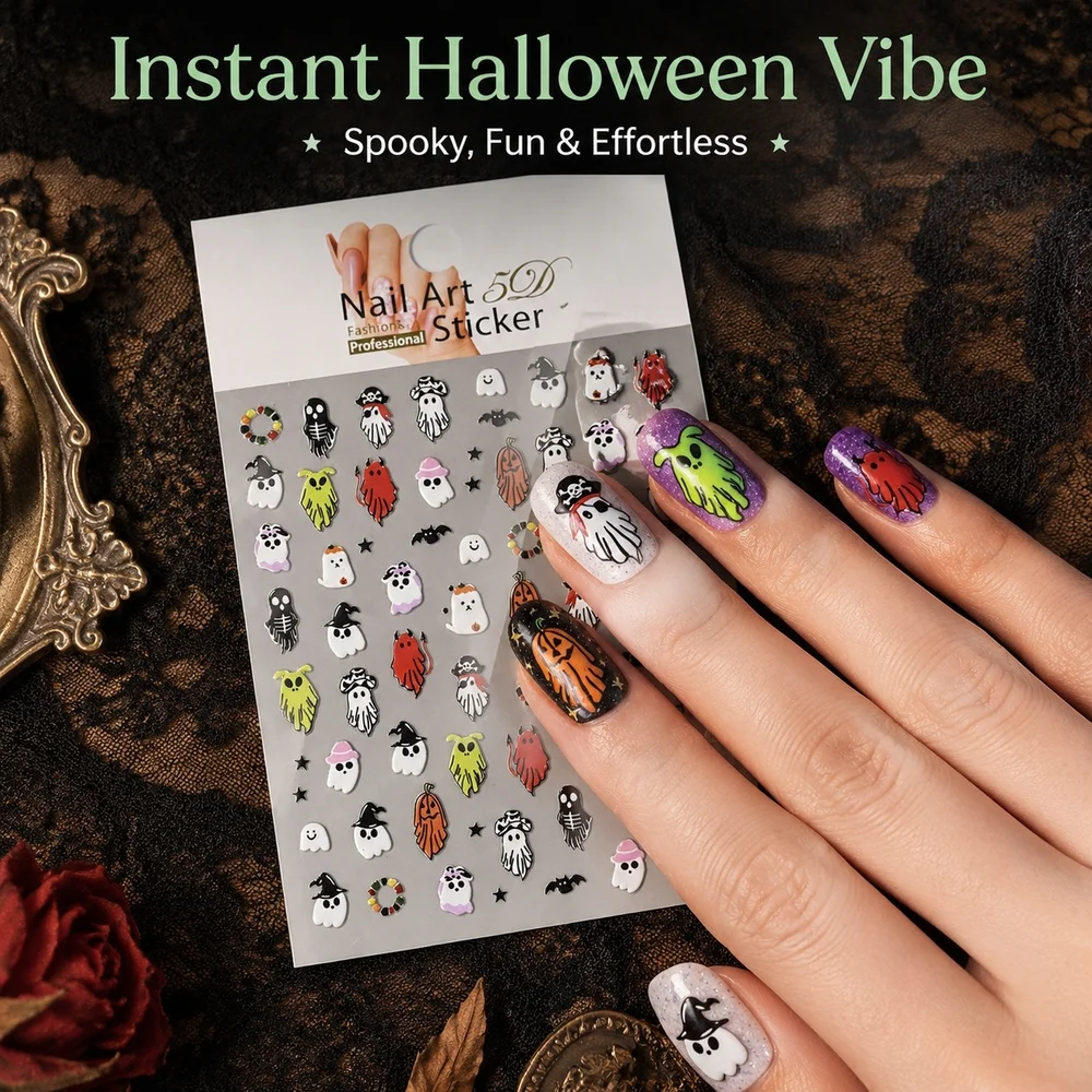 1Pc Spooky Manicure Decals Halloween 5D Stereo Ghost Pirate Skull Bat Mixed Prints For Multiple Festival Nail Styling