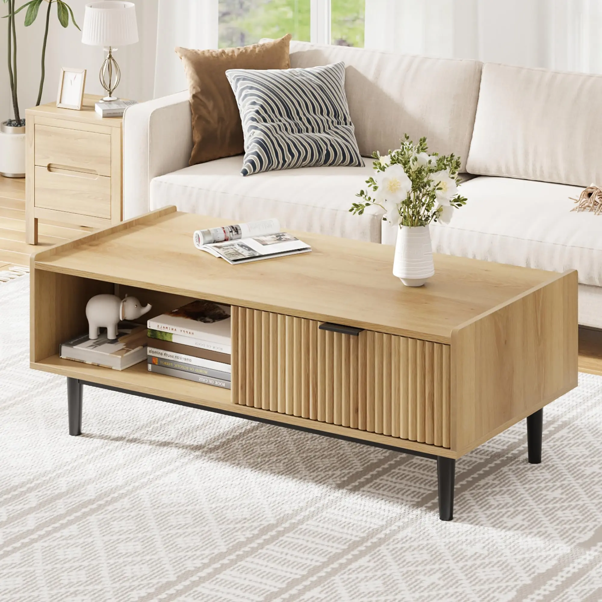طاولة قهوة مخددة مقاس 42.5 بوصة مع درج تخزين ورف مفتوح، طاولة غرفة معيشة حديثة في منتصف القرن من الخشب الخفيف #6