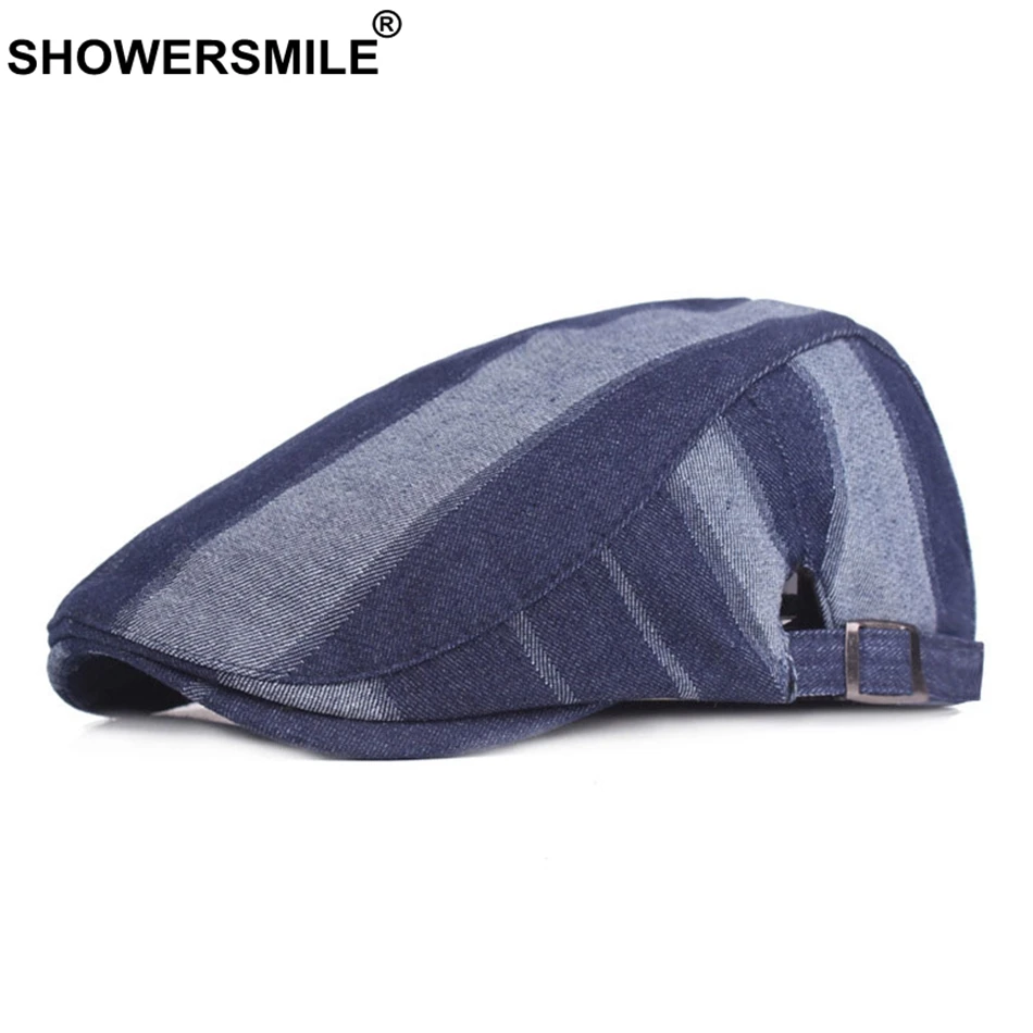 SHOWERSMILE Navy Beret Men Spring Summer Ivy Hats Fashion Denim Cotton Flat Cap Male Adjustable Duckbill Driving Brand Caps