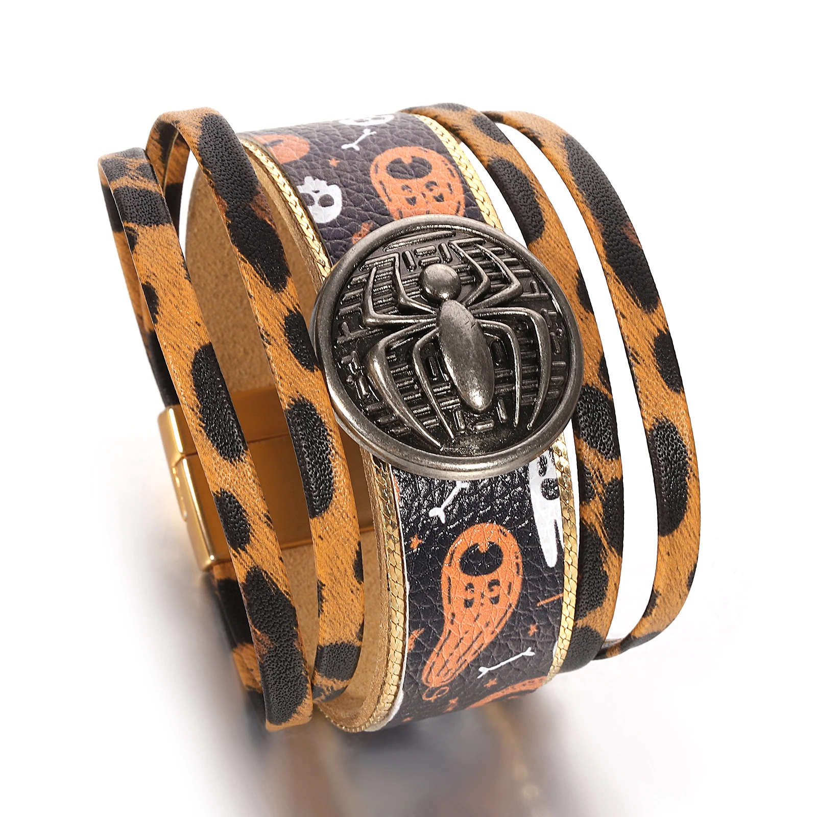 สร้อยข้อมือหนังสไตล์โกธิคสำหรับผู้หญิงและผู้ชาย ลายฟักทอง แมงมุม ผี หลายชั้น แบบพันรอบ สร้อยข้อมือกว้าง เครื่องประดับ