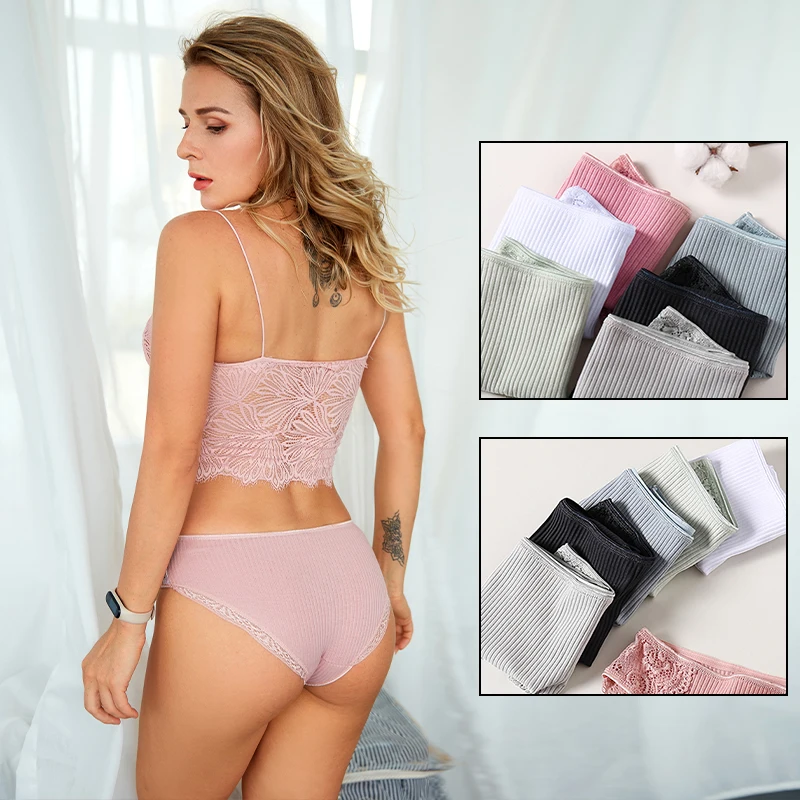 M-2XL Striped Cotton Lace Women Panties Sexy Solid Color Low Waist Briefs Female Soft Underwear Breathable Intimates Lingerie