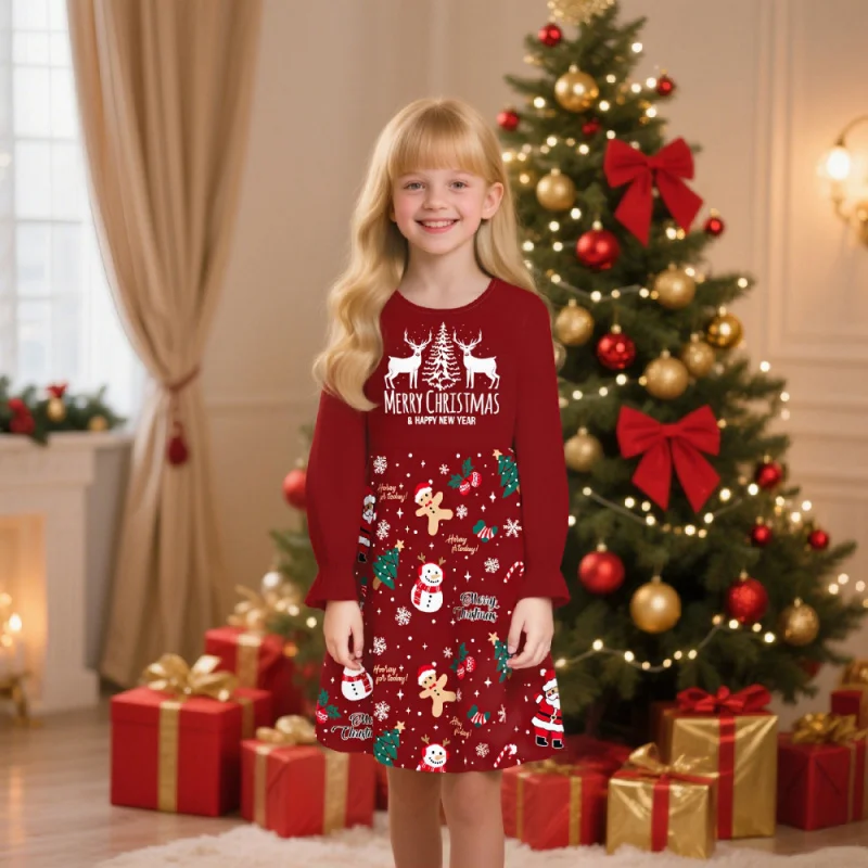 

2025 Cute Girls Christmas Dress Long Sleeve - Santa Snowman Print Xmas Holiday Party Outfit for Kids