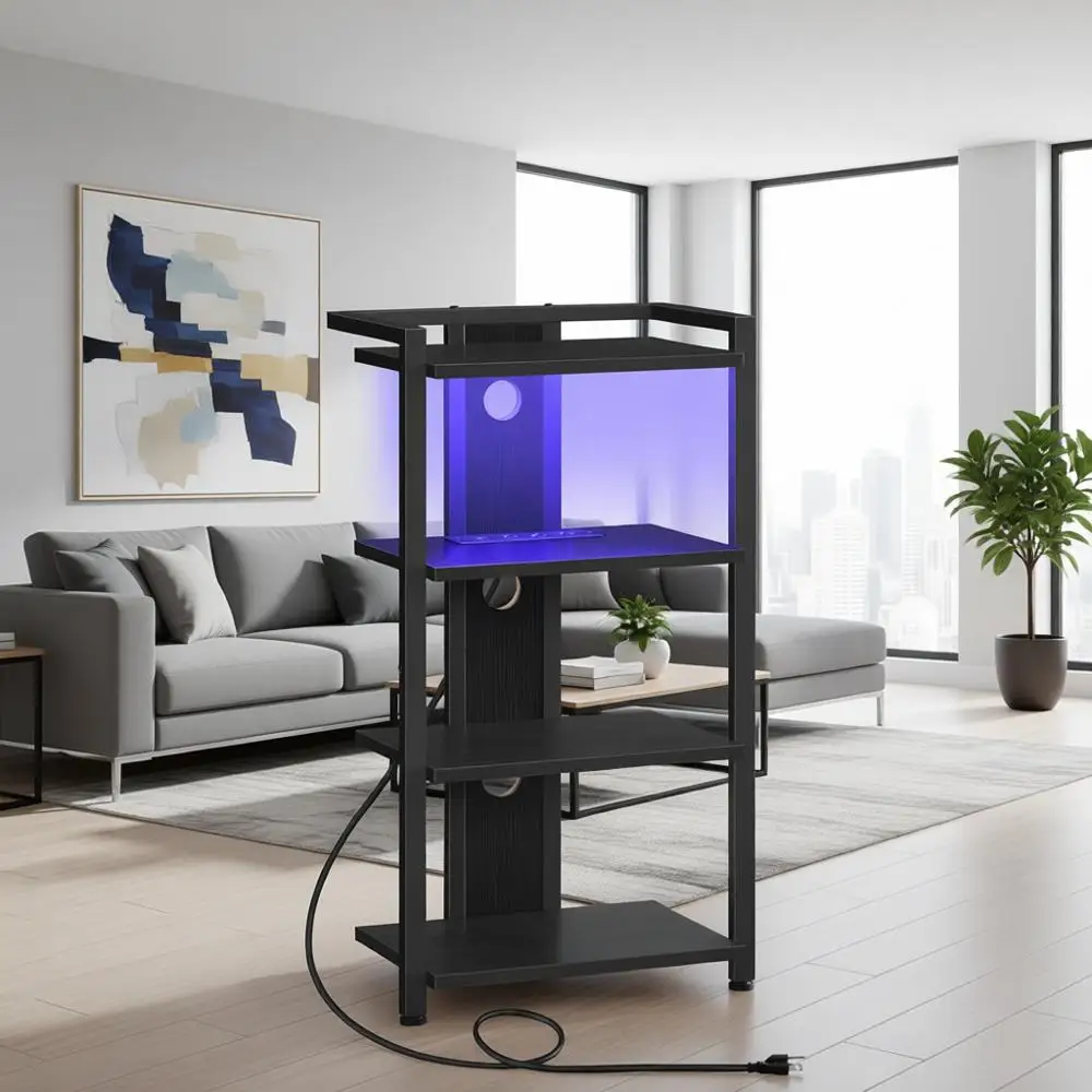 

4-уровневая деревянная подставка для аудио-видео оборудования с зарядной станцией и светодиодной подсветкой, стойка для аудиотехники, подставка под телевизор, подставка для развлекательных устройств