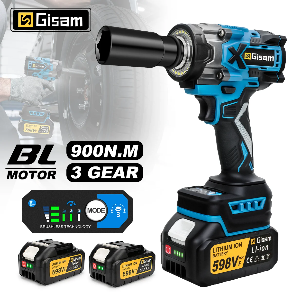 Gisam Bürstenloser 900N.M Elektro-Schlagschrauber 1/2 Zoll Akku-Schrauber Schraubendreher Autoreparatur-Elektrowerkzeug für Makita 18V Akku