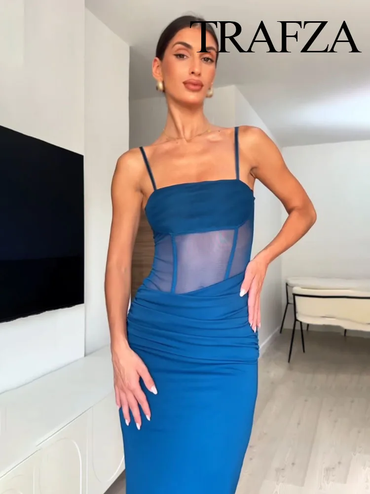 

TRAFZA Women's Summer Beach Solid Square Leader Sexy Backless Spliced Sleeveless Dress Female Fashion Elegant Slim Long Dress