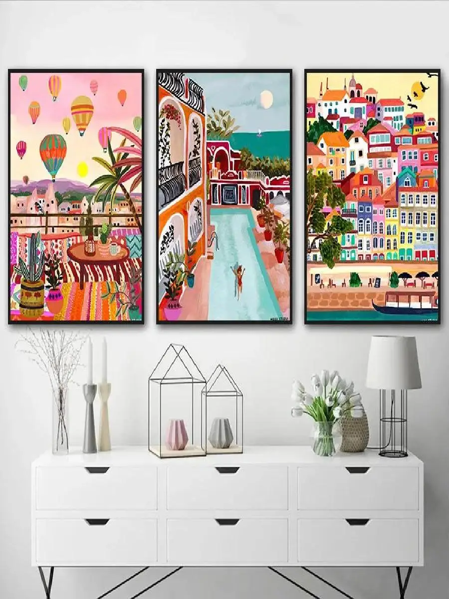 World Traveler Canvas Art  Abstract Landscape Prints of India Italy Greece Bali Thailand Market  Swimmers for Wall Decor
