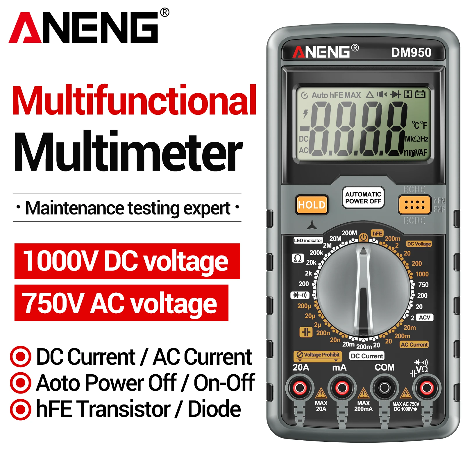 ANENG DM950 Digital Multimeter 1999 Counts AC/DC Voltage Current Resistance Capacitance Anti-Burn with Diode and Continuity Test