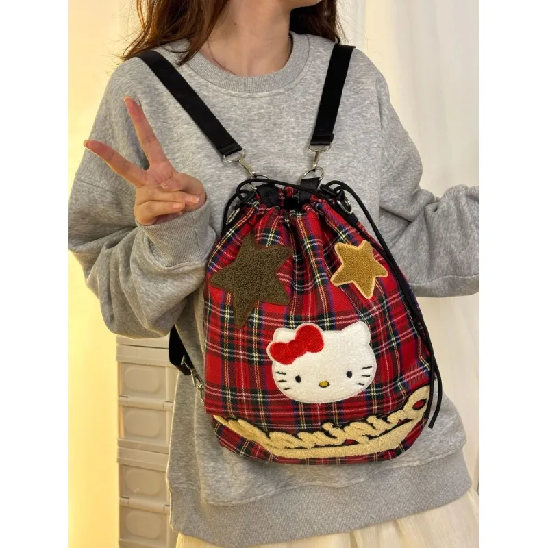 

Hello Kitty Anime Red Plaid Crossbody Bag Kawaii Cartoon New Shoulder Bag College Style Girls Commuter Backpack Christmas Gifts