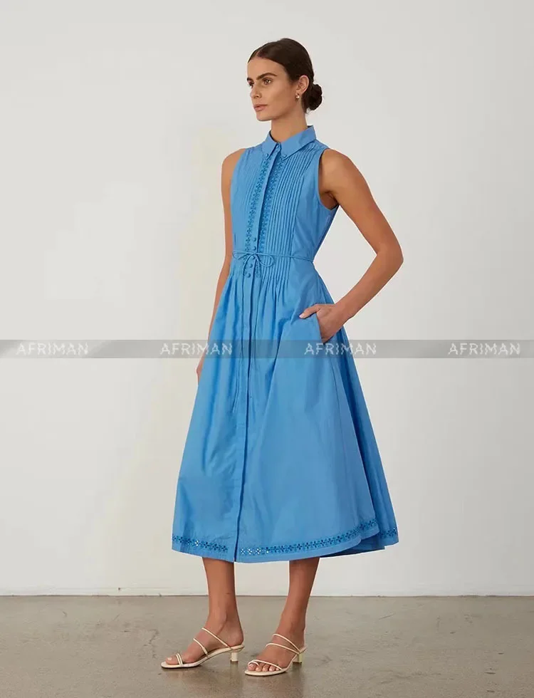 2024 Summer New Blue Organic Cotton Shirt Style Sleeveless Waist Tie Up Dress