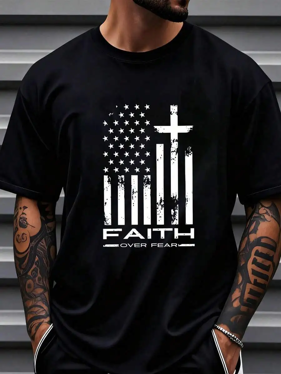 1 Pc Men's Clothing Faith Flag Printed Black Tshirt, Graphic Tee, Summer Tops, Shirt, Unisex Casual Crew Neck Tshirt, Plus Size