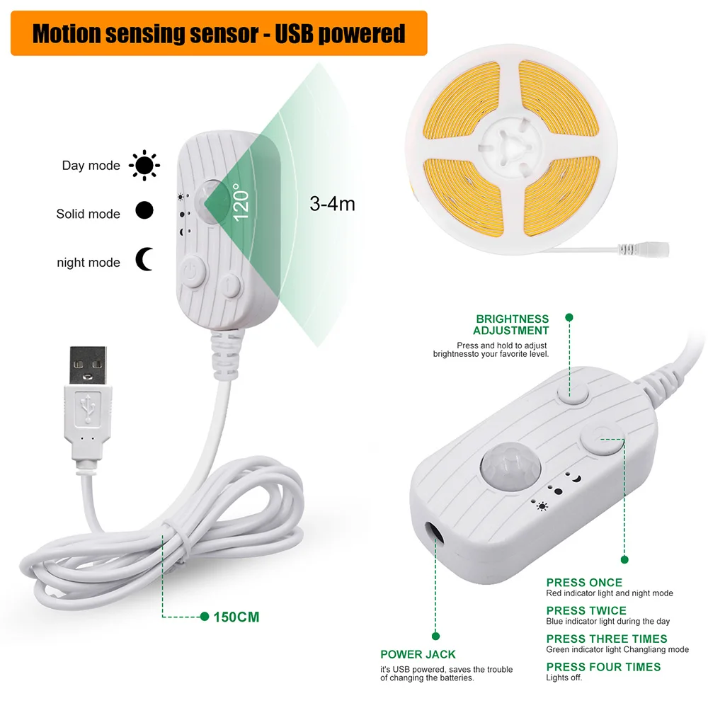 Bewegungsmelder, 5 V, LED-COB-Lichtleiste, batteriebetrieben, USB-betrieben, automatische EIN/AUS-Liner, Beleuchtungsdiode für Schrank, Kleiderschrank, Küche, Treppe – Detail 12